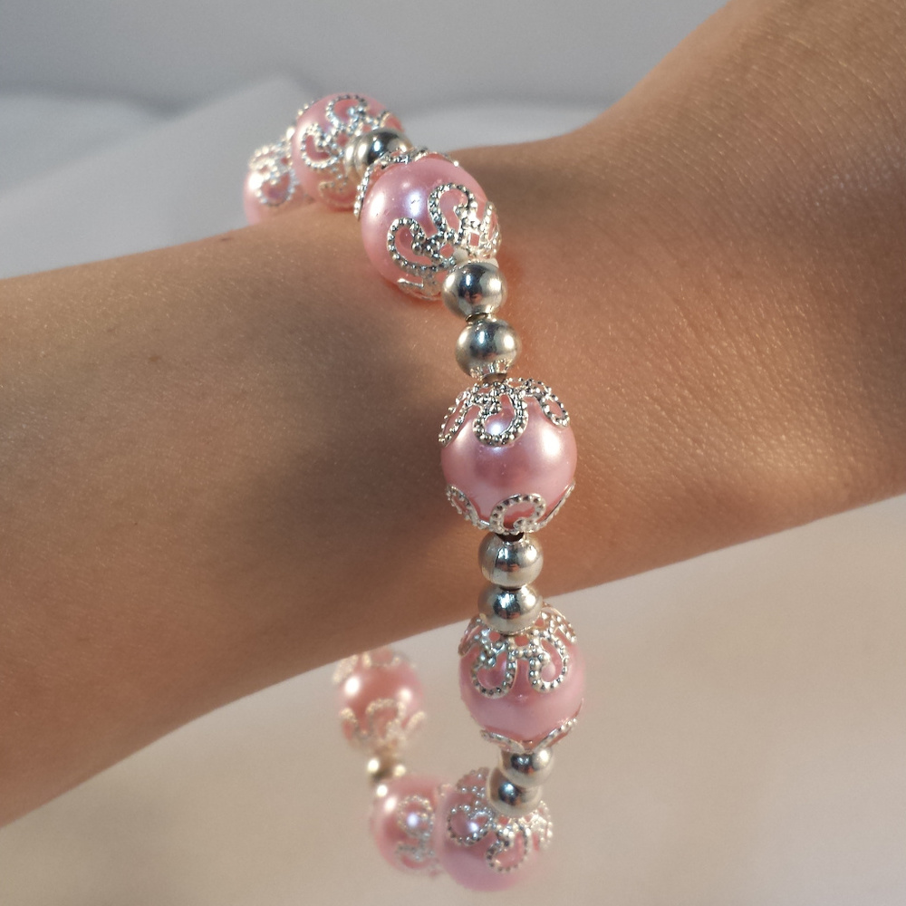 Silver Pink Pearl Stretch Bead Bracelet 10mm